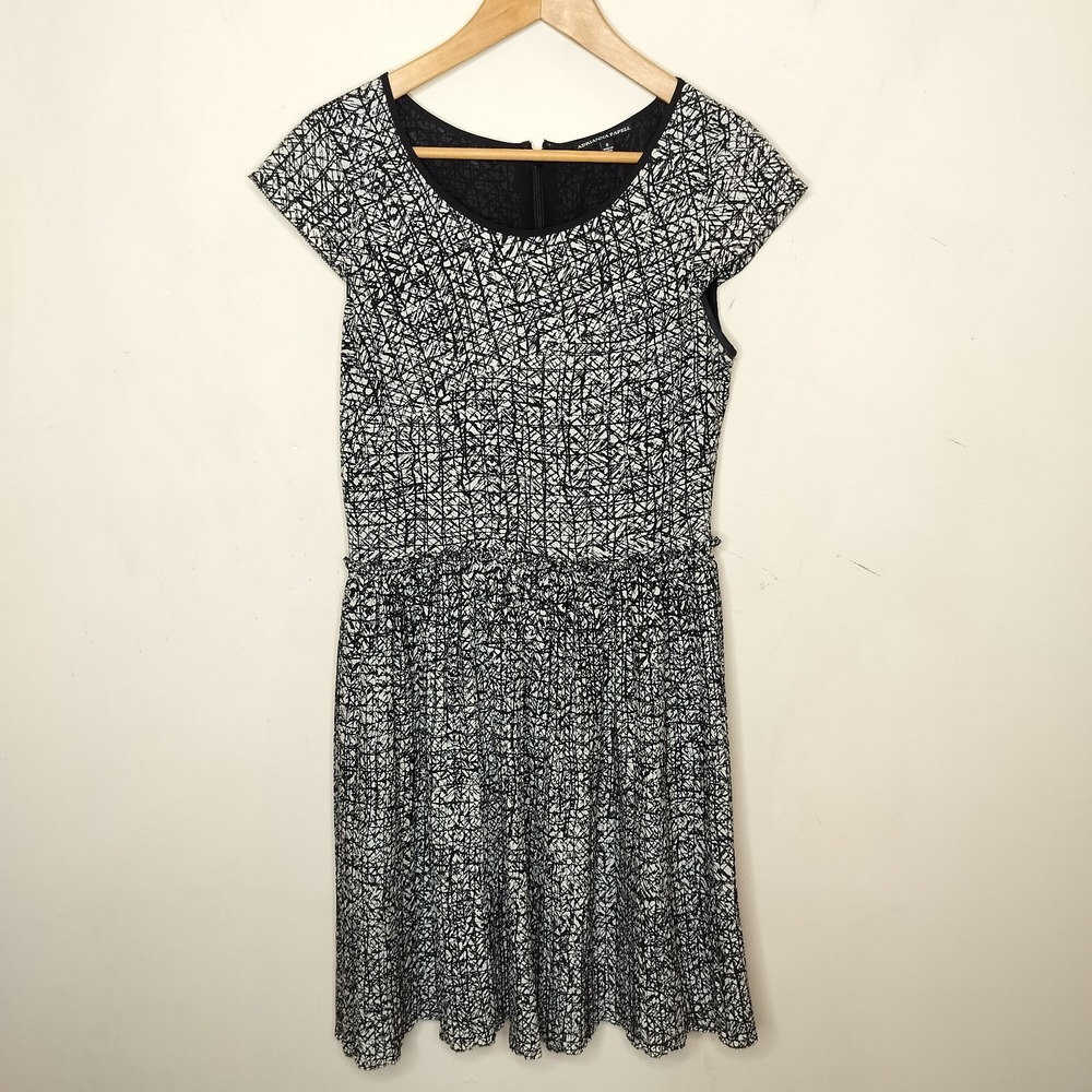 Adrianna Papell Pleated Dress Black White Scribble Print